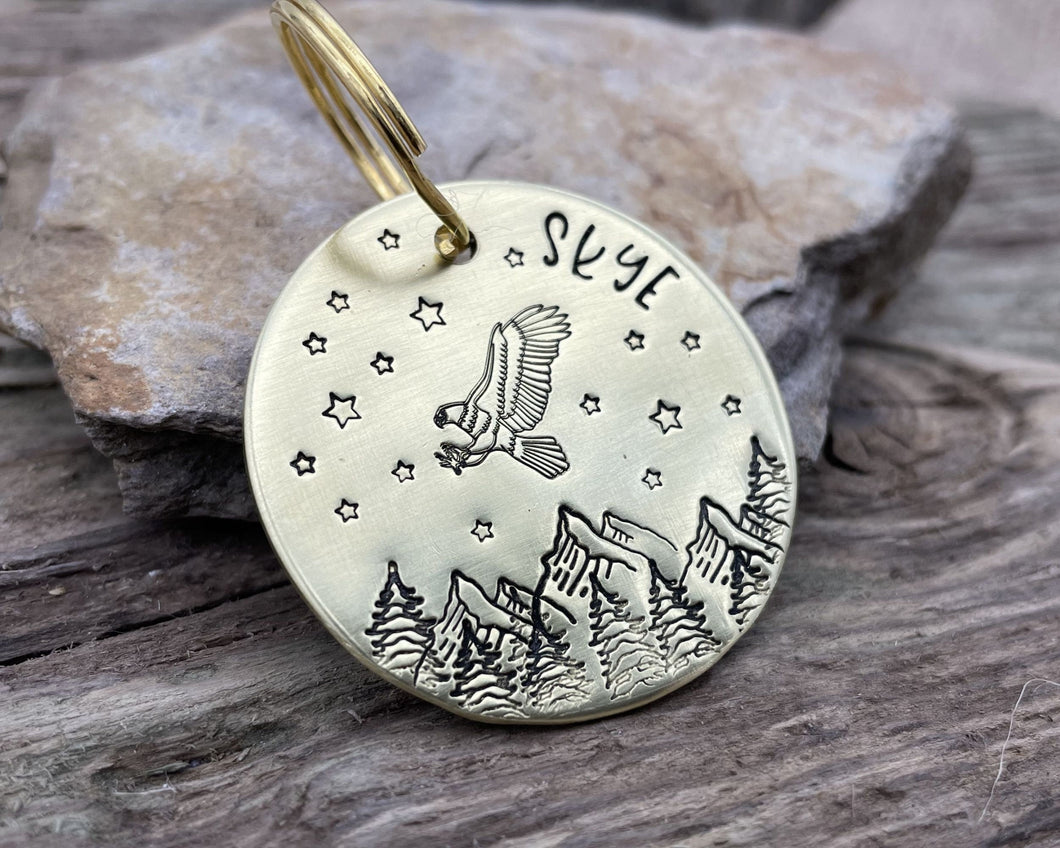 Large dog id, hand stamped with adventure design, mountains & eagle